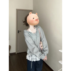 2024 ใหม่ผู้หญิงHoodieสีเทาไม้หูลูกไม้Splicingแขนยาวแฟชั่นOuterwearสําหรับฤดูใบไม้ผลิและฤดูใบไม้ร่วง