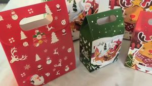 กล่องของขวัญ คริสต์มาส แบบฝาปิด มีหูหิ้ว กระดาษหนา พิมพ์ลาย ซานตาครอส Christmas สีเขียว แดง พร้อมส่ง