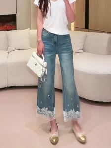 MANMI | Quần Jeans Đùi Rộng Có Viền Ren cho Phụ Nữ 9 Phân