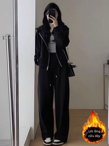 Bộ Đồ Thể Thao Dài Tay Lót Lông Cừu Ấm Áp Bộ Đồ Hai Mảnh Thoải Mái Cho Nữ Mùa Thu Đông Bộ Đồ Trà Giản Dị