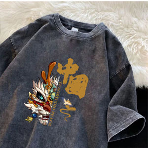 Heavyweight Washed Short Sleeve T-Shirt Men Summer Trendy Loose Casual Versatile Oversize Couple Tops Cotton Breathable Printed
