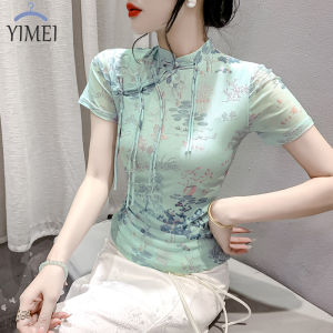 Yimei 2024 Mùa Hè Mới Phong cách Trung Quốc Thiết Kế áo lớn Với Pan Nút Đứng Cổ tay ngắn áo phông in hình Cho Phụ Nữ