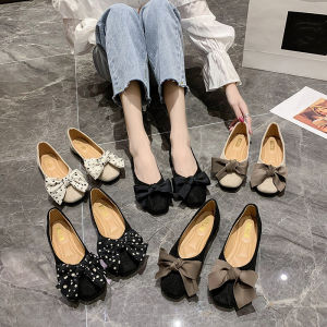 Korean Style Flat Bottom Womens Shoes Spring Autumn New Butterfly Knot Gentle Mouth Low Heel Square Head Rubber Outsole