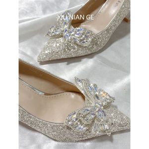 Silver Crystal Wedge Heel Comfortable Wedding Shoes mid Heel Not Tired New 2025 Style Korean Version Fashion Single Shoes