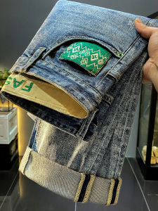 ผู้ชายระดับไฮเอนด์ สลิมฟิต ขาตรง กางเกงยีนส์ ทันสมัย ฤดูใบไม้ผลิ ฤดูใบไม้ร่วง เก้าชิ้นสไตล์ใหม่ กางเกงขายาว ผ้าฝ้าย ยืด เดนิม