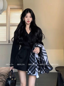 Black Vintage High Waist Double Breasted Windbreaker Coat for Plump Women SYJ Comfortable Home Korean Style Casual Outerwear