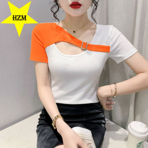 HZM New design splicing color collision fashion short sleeve original top 2023 summer slim show foreign style womens T-shirt