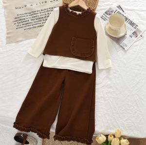 Bear Leader Autumn Retro Fashion Girls Clothes Long Sleeved Top+Vest+Pants Three Piece Set Korean Version Solid Color Childrens Clothing