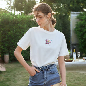 OLrain Womens Light Beige T-shirt Embroidered Loose Short Sleeve Spring 2025 New Style Cotton round Neck Commute Style