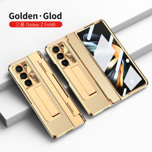 BSN | PU Leather Glass Film Pen Slot with Pen Stand Phone Case for Samsung Galaxy Z Fold 7 6 5 4 3 ZFold7 Fold6 Hinge Protection Cover