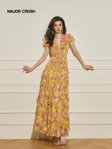 French Style Waist Cinched Flower Print Yellow Dress