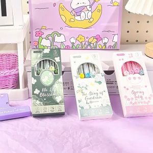 MOMO 0.5MM 5PCS/Box Creative Flower Press Gel Pen Black Ink Girl Heart Press Gel Pen Cute Learning Stationery