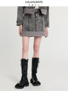 กระโปรงสั้นทรงเอผ้าเดนิมผสมคอตตอนและโพลีเอสเตอร์ กระโปรงสั้นทรงเอทรงเก๋ไก๋สไตล์ย้อนยุค LULUALWAYS