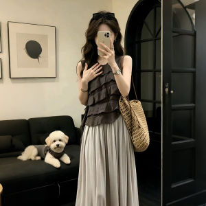 XUECAIQI | Korean Style Ruffled and Belted Sleeveless Top & Skirt Set Women
