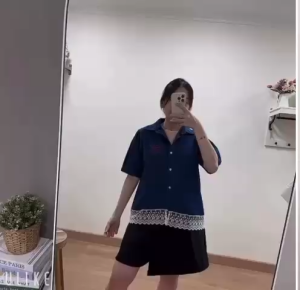 SJM ATASAN KEMEJA WANITA BORDIR PITA DENIM KOMBINASI BRUKAT LENGAN PENDEK