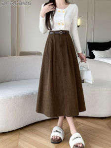 กระโปรงมิดิทรงเอไลน์ผ้าคอร์ดดูรอยสไตล์วินเทจสำหรับฤดูใบไม้ร่วงและฤดูหนาว พร้อมเข็มขัด ดีไซน์หรูหราทันสมัย สวมใส่สบายๆ ทรงบานใหญ่ยาว