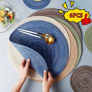 6PCS 30cm Round Placemats Table Mat Heat-Resistant Washable Ramie Placemat Anti-Slip Cup Coasters For Dining hand Placemat Christmas Table Decor Placemat Woven Cotton Round Placemat For Dining Table Washable Heat Resistant Coaster non-slip Linen Cup