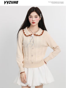 Áo Len Cardigan Dài Tay Phong Cách Hàn Quốc Thời Trang Mới Tay Dài Cổ Búp Bê Màu Tương Phản Áo Thun Nữ Thời Trang Có Thắt Lưng