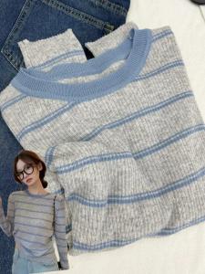 Sweet Stripe Color Block Long Sleeve round Neck Knitted Sweater Womens Inner Slimming Trendy Fall Attention Grabbing Knitwear