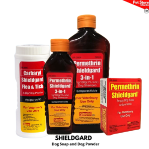 Shieldgard Antiparasitic Dog Soap 90g Shampoo 120ml 240ml and Powder 120g Permethrin Carbaryl for Ticks Fleas and Lice