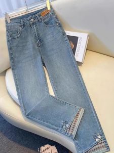 Retro New Chinese Style Womens Jeans Spring Autumn High Waist Straight Leg Nine Points Patchwork Embroidery Slim Fit Trousers