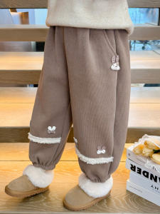 กางเกงวอร์มผ้าขนแกะสไตล์ฤดูใบไม้ร่วง/ฤดูหนาวสำหรับเด็กผู้หญิง กางเกงขายาวทรงหลวมสบาย ๆ ขอบลูกไม้ ทรงสลิมฟิต อบอุ่น