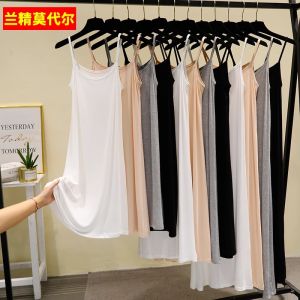 Váy Midi Cạp Cao Bằng Vải Modal Cho Nữ Váy Bó Sát Không Tay Màu Trơn Mùa Hè 2024 Chất Liệu Polyester Quần Lót