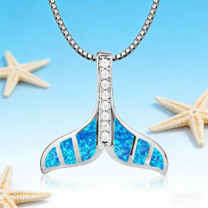 Viral 2025 Mermaid Tail NecklaceWhite K Plated Pendant with Blue Opal & CZ StonesOcean Themed JewelryDainty Gift for Women