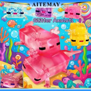 Aitemay Cute Glitter Axolotl Squishy Toys (4PCS) - Stress Relief Slow Rebound TPR Sensory Fidget Toys for Kids Adults Birthday Party Favors