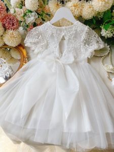 Princess Dress for Girls Summer Cotton Cloth Princess Dress with Butterfly Bow Design Pure Color Short Sleeve Dress