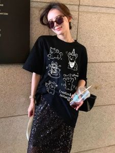 เสื้อยืดคอกลมแขนสั้นผ้าฝ้ายลายการ์ตูนสำหรับฤดูร้อน แฟชั่นสำหรับผู้หญิง เสื้อแขนยาวปานกลาง ทรงหลวม สไตล์เกาหลี