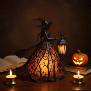Halloween Witch Lantern LED Night Light Resin Statue Gothic Home Decor with Broom for Spooky Party
