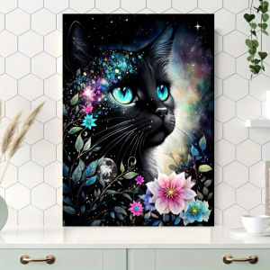 1000pcs Jigsaw Puzzle - Black Cat with Blue Eyes Floral & Cosmic Nebula Design - Thick Cutting Edge Pieces Challenging Puzzle