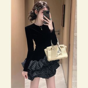 SHANGSHA | Small Size Elegant Black Velvet Sheath Dress
