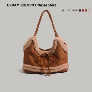 URCDN RDALVO | Vintage Lamb Fleece Color Block Suede Velvet Bow Crossbody Handbag