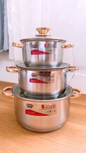 Bộ Nồi Inox 5 Đáy Bếp Từ SUNHOUSE SH781 Mạ Vàng quai cầm size 16/20/24CM Siêu Dày - Sử Dụng được trên Mọi Loại Bếp