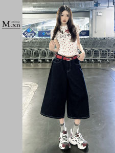 Deep Blue American Style High Waist Wide Leg Jeans Shorts Womens New 2025 Loose Slim Straight Lazy Pants Casual Summer