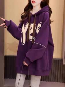 เสื้อฮู้ดคอกลมแขนยาวพิมพ์ลายตัวอักษรผ้าฝ้ายแท้ทรงหลวมสำหรับผู้หญิง ฤดูใบไม้ผลิและฤดูใบไม้ร่วง เสื้อคลุมกันหนาวแบบลำลอง แฟชั่น