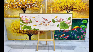 Tranh Cửu Ngư Hòa Liên Hoa Tranh Canvas Tranh Tráng Gương Tranh Trang Trí Phòng