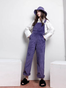 Lisash ชุดผู้หญิงดีไซน์เนอร์สไตล์เกาหลีออกแบบเองชุดเอี๊ยมขากว้างผ้าลูกฟูกสีม่วงทรงหลวมใส่แล้วดูผอมลดอายุใส่ช่วงฤดูใบไม้ผลิ