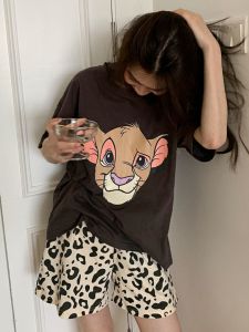 Summer Short Sleeve Short Pants Leopard Print Sleepwear Womens Thin Two-Piece Set Casual Home Clothes Can Be Worn outside