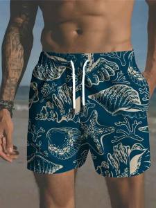 Mens Plus Size Beach Shorts 3D Tropical Print Breathable Casual Elastic Drawstring Shorts With Pockets