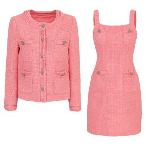 Elegant Pink Boucle Blazer Dress Set Autumn