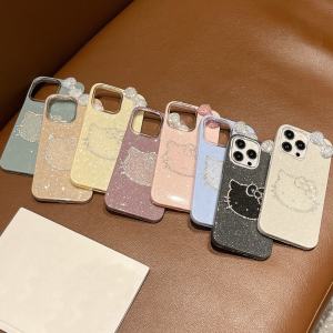 เคสโทรศัพท์ IMD แวววาวลายเจ้าหญิงคิตตี้ประดับเพชรรูปโบว์3D สำหรับ iPhone 11 12 13 14 15 16ซีรีส์