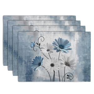 1PCS Blue Grey Daisy Printed Linen Placemat Decorative Table Mat Washable Place Mats for Dining Kitchen Farm House Decor