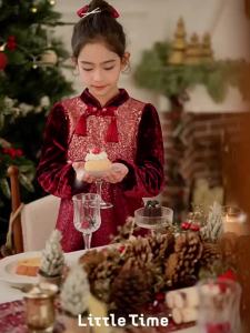 Chinese Style Glitter Mesh Dress Burgundy Girls Dress