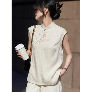 AEJUONOS | Mandarin Collar Embroidered Beads Sleeveless Shirt Female Summer Blouse