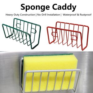 No-Drill Iron Sponge Holder Rack - Over Sink Draining Shelf Wall-Mounted Kitchen Organizer for Dish Scrubber & Soap Dispenser
