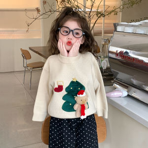 Christmas Theme Girls Thermal Underwear Knitted Sweater New Years Outfit Autumn Winter Clothes Childrens Warm Base Layer Top