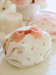 Cute Strawberries Cherries Embroidered Lace Cosmetic Bag Portable Jewelry Box Travel Drawstring Storage Bag Small Size